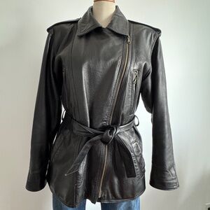 Women's Black Lambskin Leather Belted Jacket